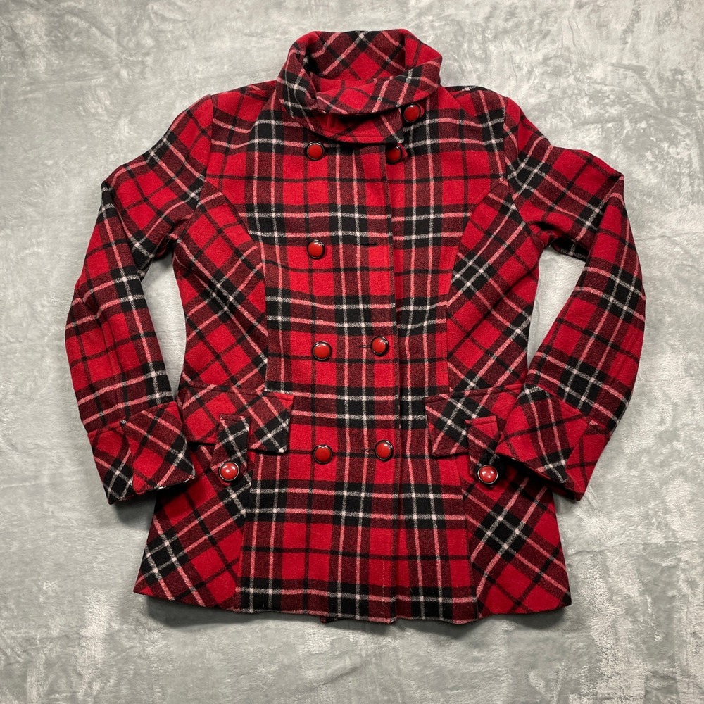 Maria D Pea Coat Women Red Black Plaid Wool Blend Double Breasted 2007-MD18 L
